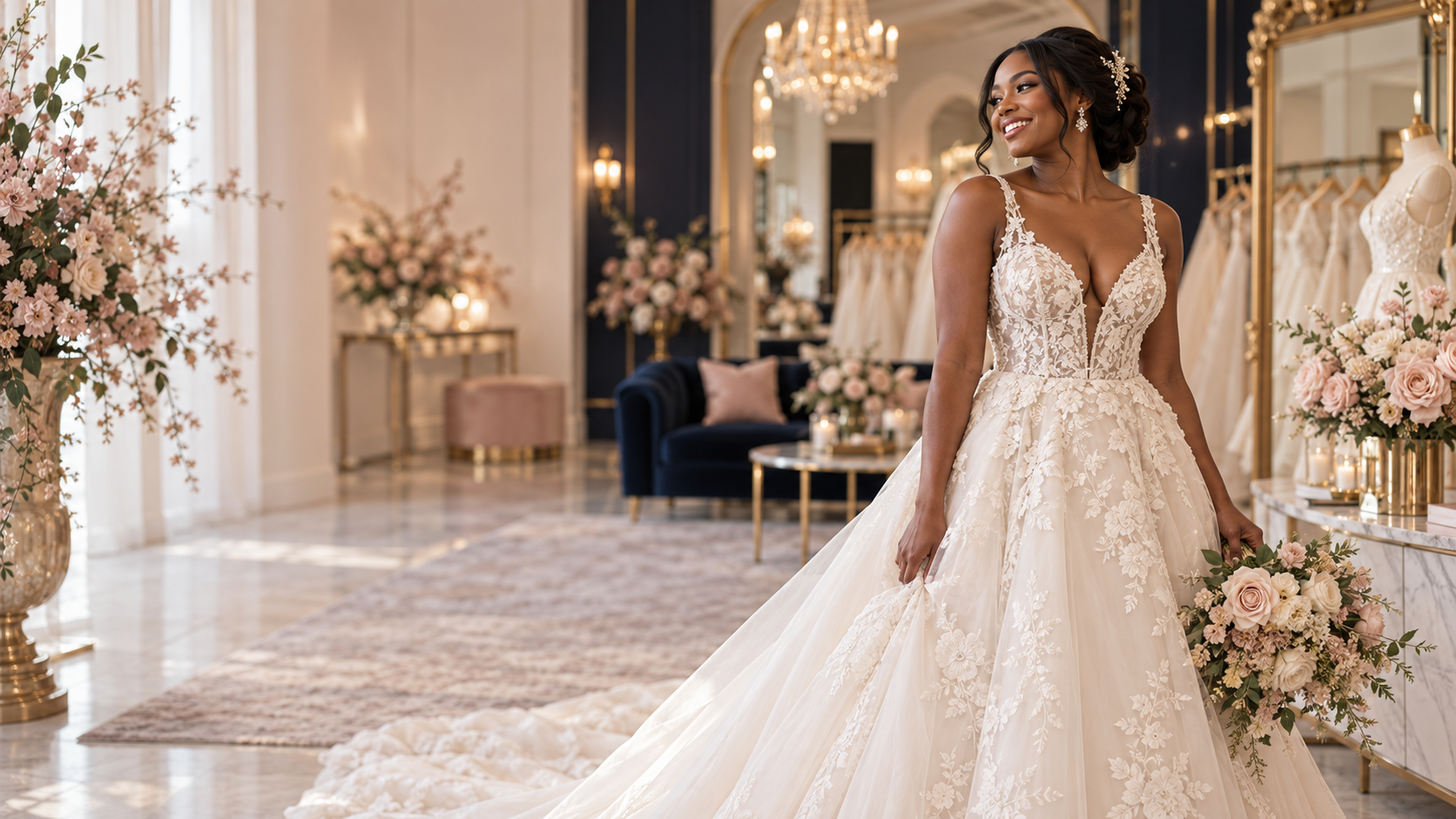 Black bride wearing an ivory lace gown in an elegant bridal salon