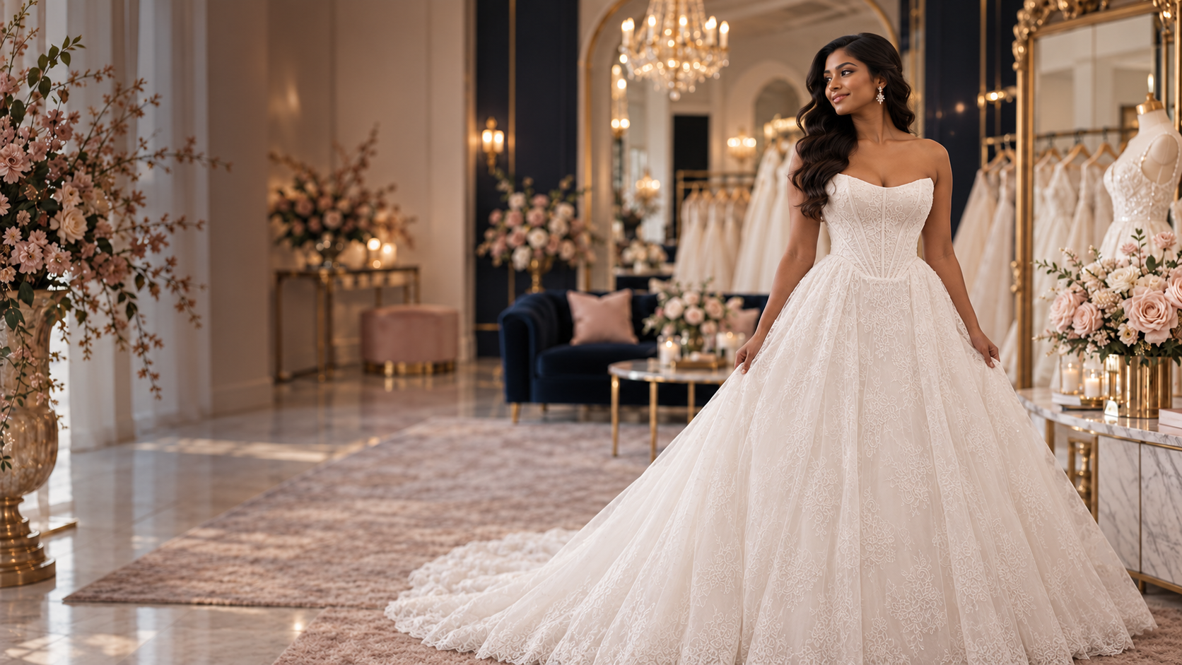 South Asian bride wearing the Justin Alexander Leighton lace ballgown in the boutique