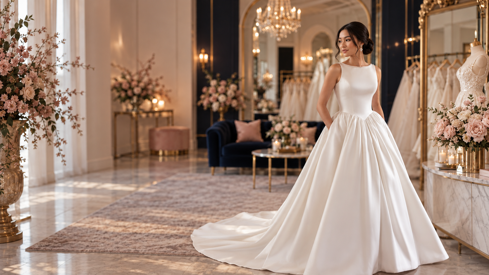 East Asian bride wearing a Justin Alexander satin ballgown in the boutique