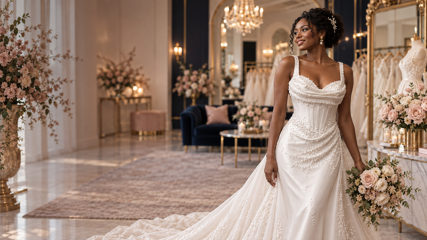 Black bride wearing the pearl-beaded Maggie Sottero Melissa wedding gown in the boutique
