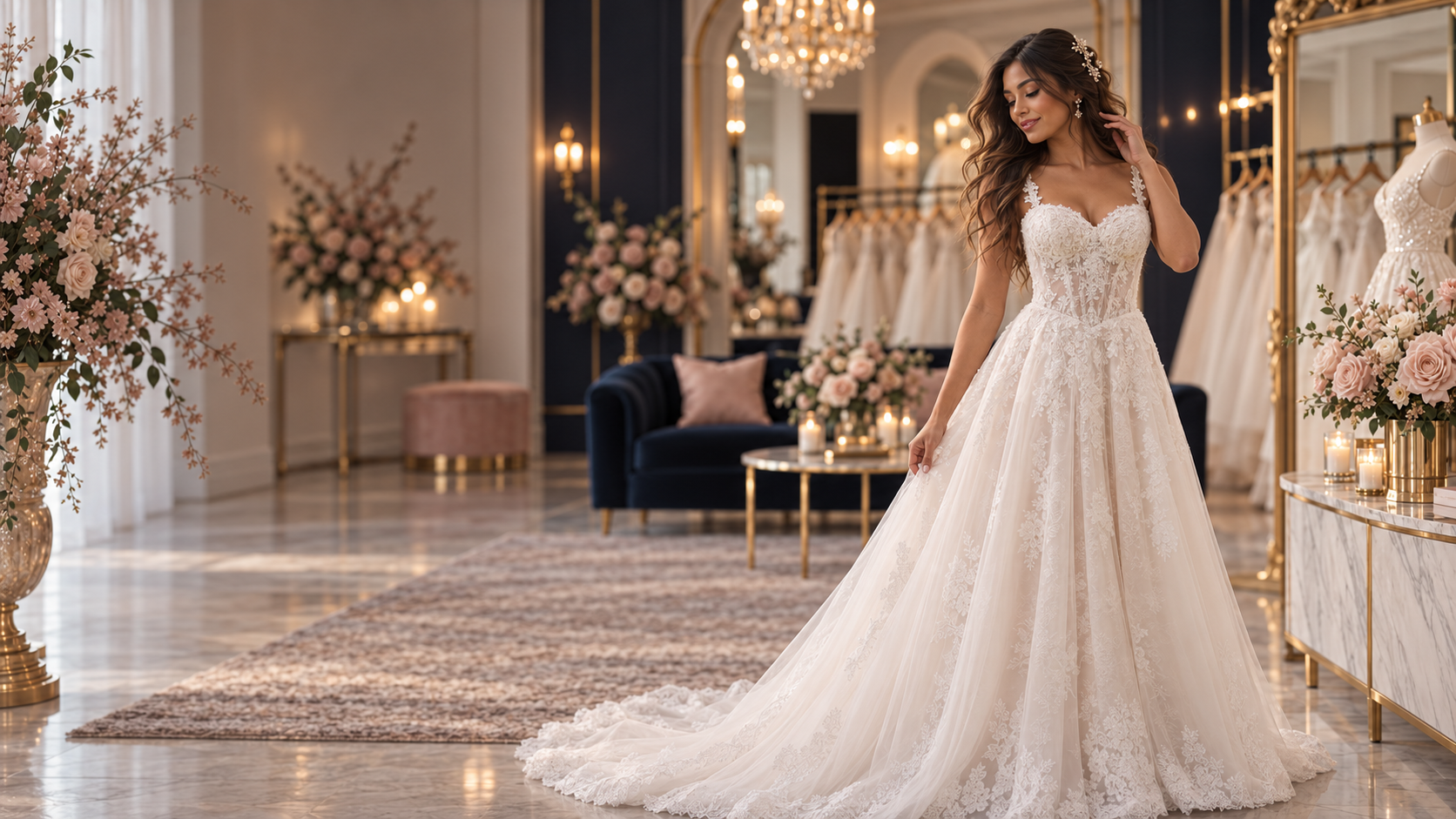 Latina bride wearing the Rebecca Ingram Esmeralda lace A-line wedding gown in the boutique