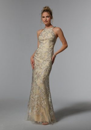 Embroidered Net Sheath (Champagne, Size 14)
